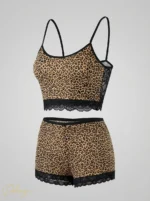 ست تاپ و شورتک زنانه MYBEN طرح پلنگی با لبه گیپور