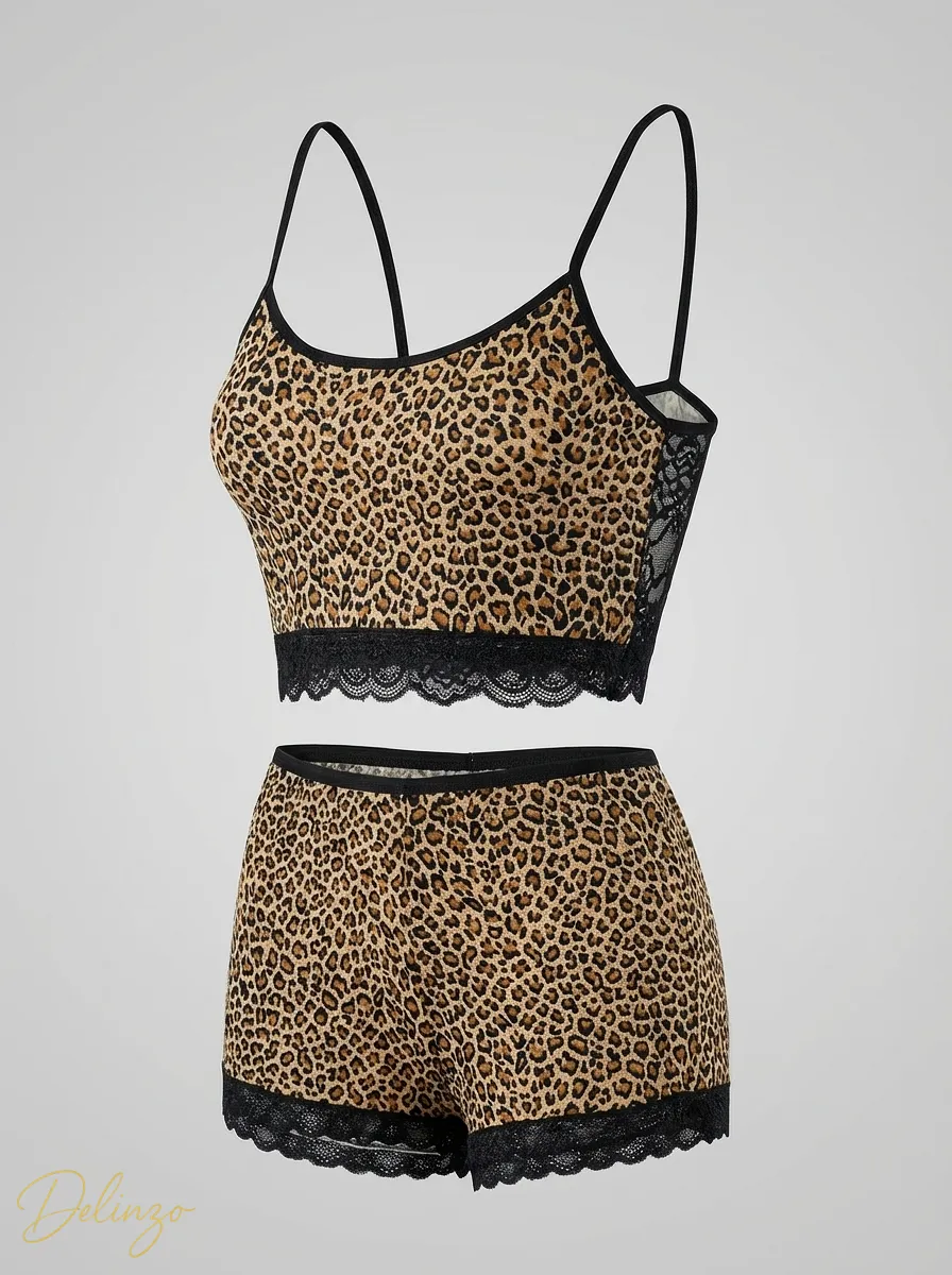 3D ست تاپ و شورتک زنانه MYBEN طرح پلنگی با لبه گیپور - تصویر 1