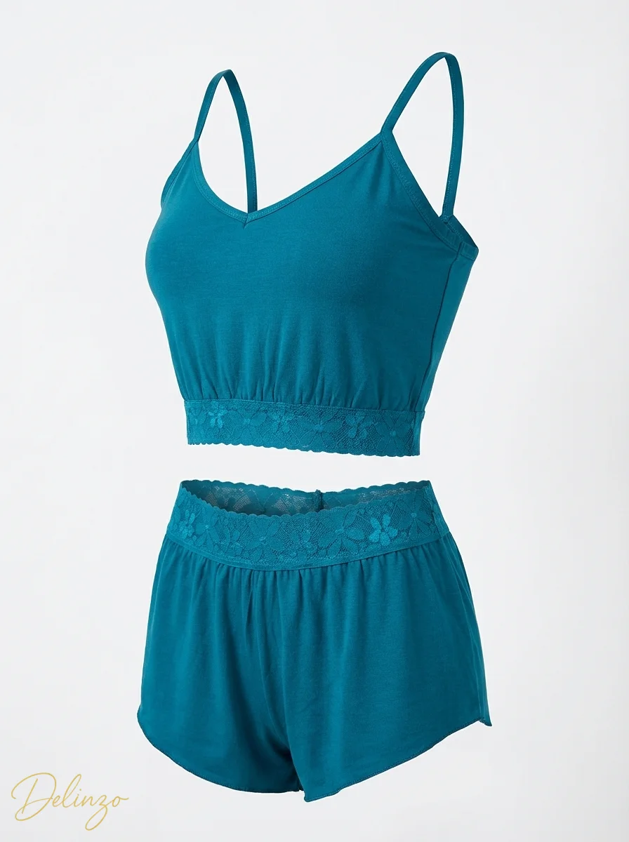 3D ست تاپ بندی و شورتک نخی MYBEN با لبهدوزی توری گلدار - تصویر 1