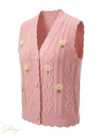 ژیله بافت زنانه دکمه‌دار طرح شکوفه و قلب برجسته