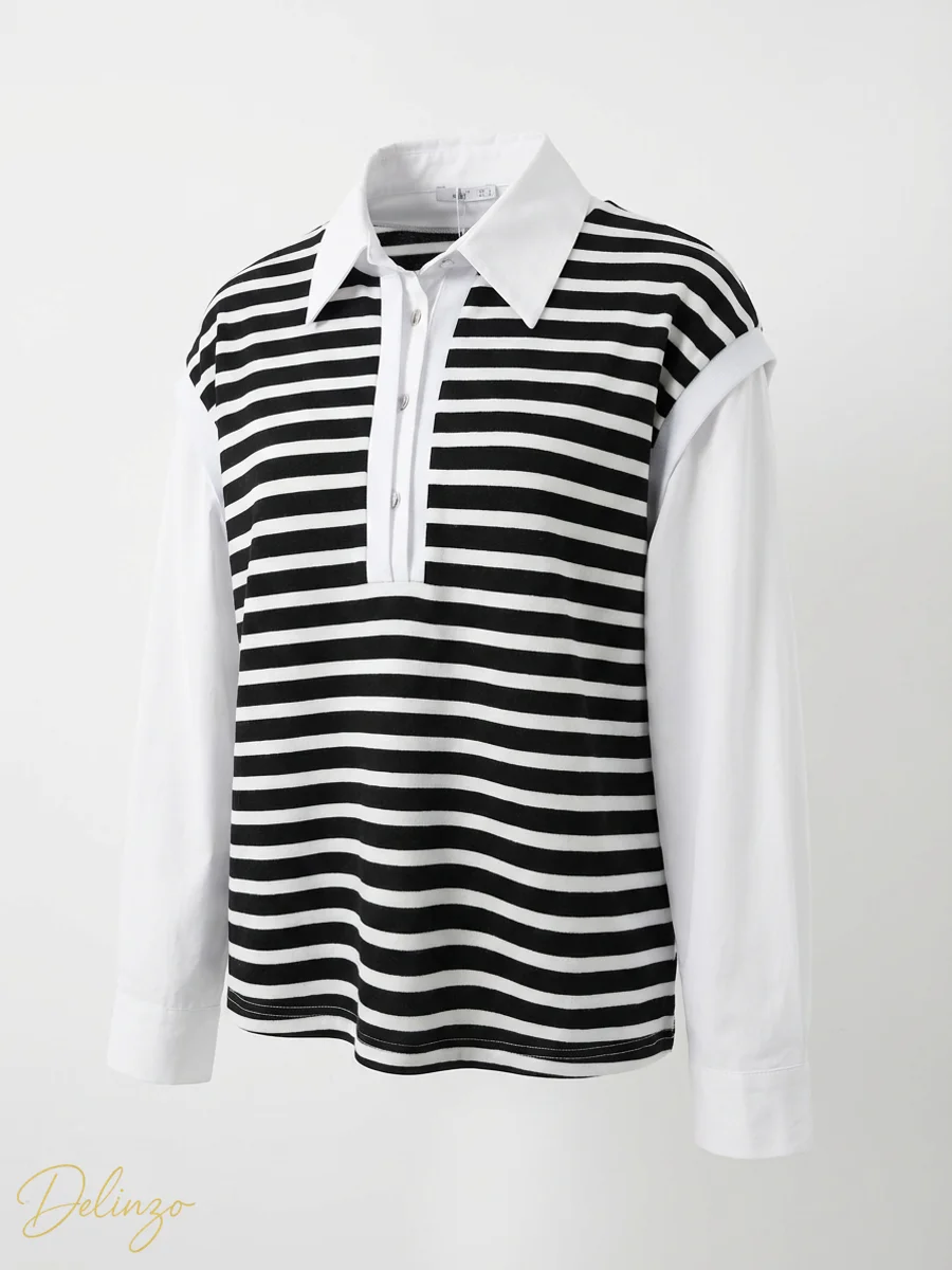 3D بلوز زنانه دوتکهنما Seul طرح راهراه با یقه و آستین پیراهنی - تصویر 1