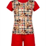 ست تاپ آستین‌کوتاه و شورتک نخی طرح Cat چهارخانه