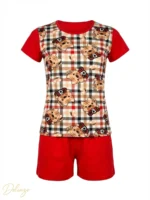 ست تاپ آستین‌کوتاه و شورتک نخی طرح Cat چهارخانه