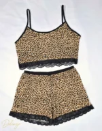 ست تاپ و شورتک زنانه MYBEN طرح پلنگی با لبه گیپور - تصویر 3