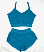 ست تاپ بندی و شورتک نخی MYBEN با لبه‌دوزی توری گل‌دار - تصویر 3