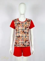 ست تاپ آستین‌کوتاه و شورتک نخی طرح Cat چهارخانه - تصویر 2